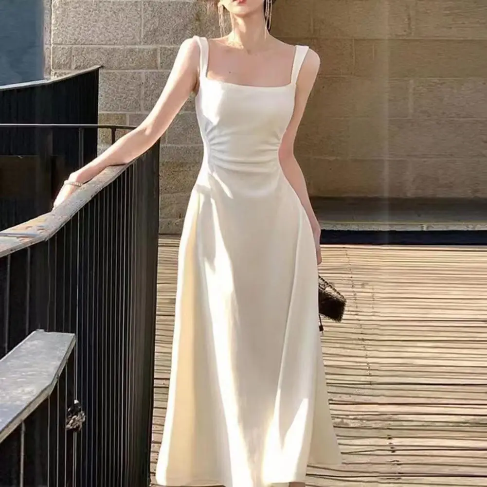 2024 Summer Evening Party White Midi Dress Office Lady Slim Sexy Sleeveless Strap Dress Beach Style Women One Piece Dress Korean