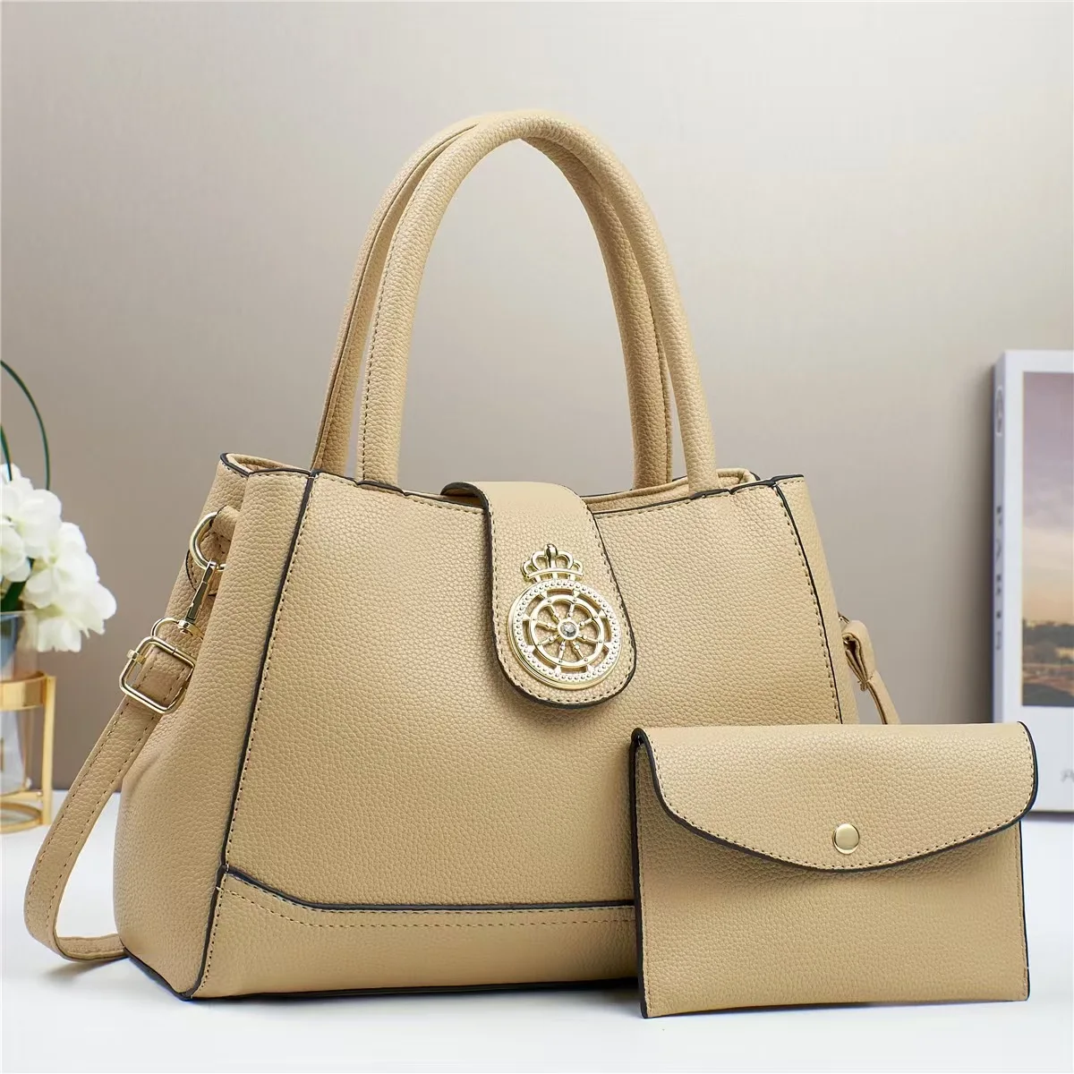 Korean Style Women Causual Tote Handbags Large Capacity PU Leather Ladies Crossbody Shoulder Bag with Small Purse Wallet