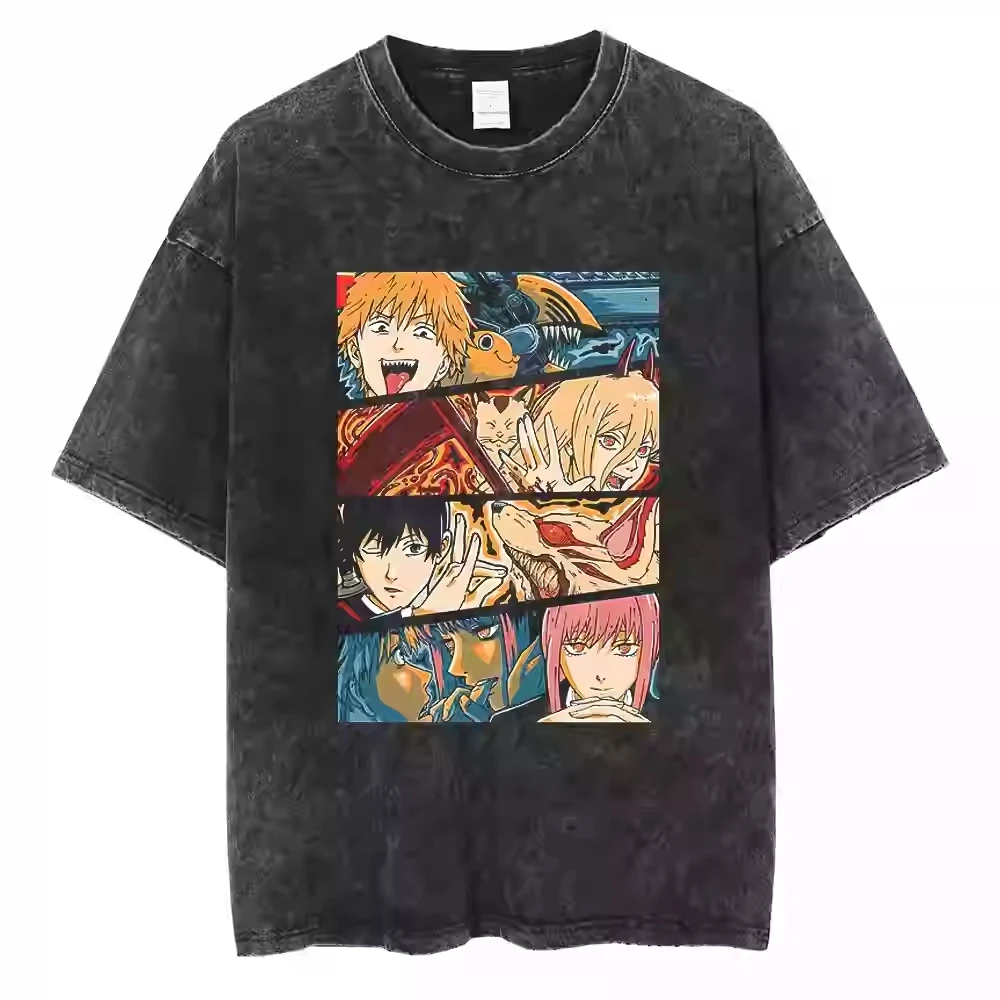 Vintage Washed Chainsaw Man Power Blood Devil Collage Graphic Tee Unisex Oversized Anime Streetwear T‑Shirt