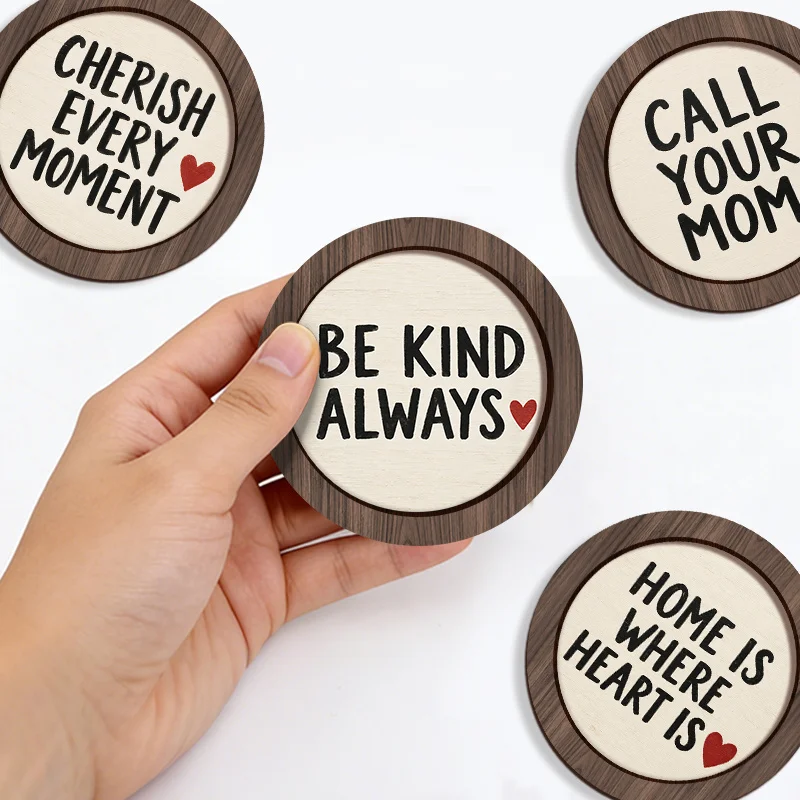 4Pcs Round Wooden Fridge Magnets, Inspirational Quote Refrigerator Magnets with Positive Words & Red Heart, 