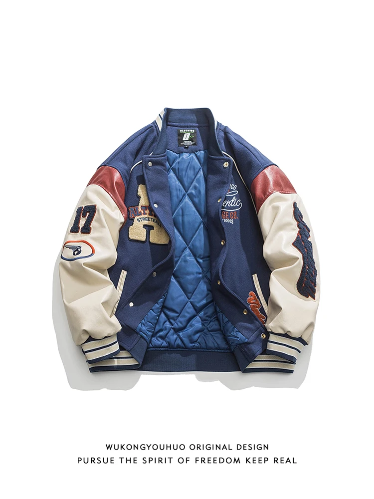 

Warmth Thiened Fce Lined Retro American Sle Baseball Jaet Cotton Jaet Men Winter Youth Faion Loose Fit Hooded Coat