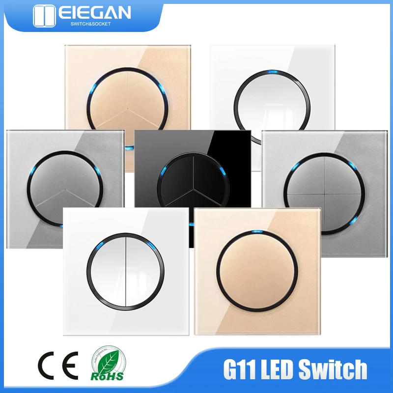 

EU UK Standard 1/2/3/4 Gang 1/2 Way Wall Light Switch Round Crystal Tempered Glass Panel Push Button Switch with LED Indicator