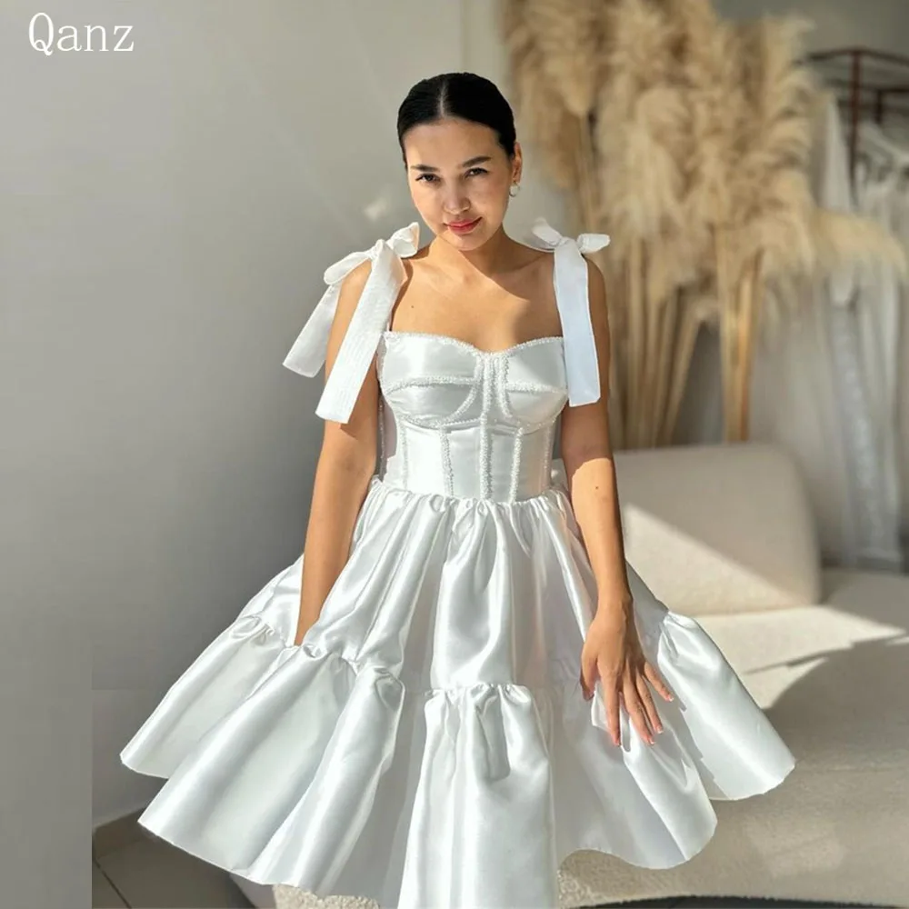 

Qanz Modern Satin Short Wedding Dresses Bow Straps Customized Beaded Ruched Ball Gown Vestido De Noiva Casamento Party Night