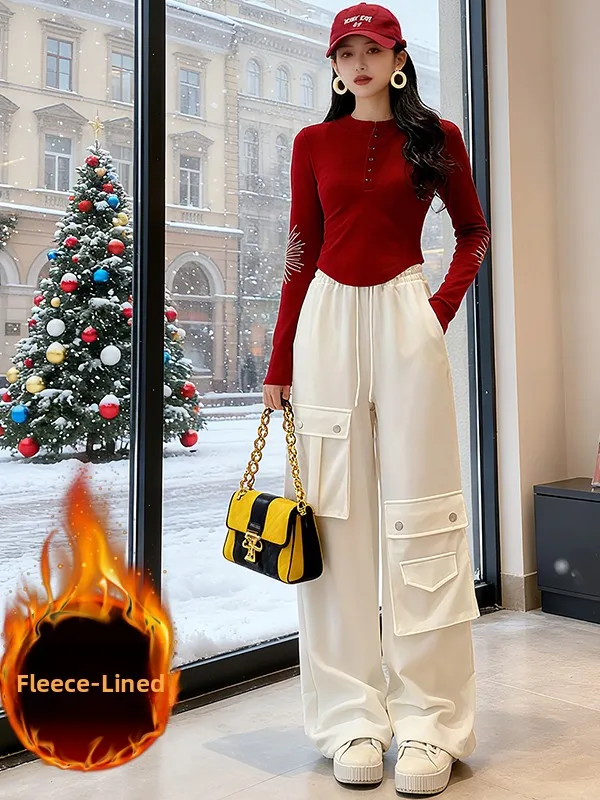 

Slim Fit Sportswear Set for Women Fleece Lined Long Sleeve T-Shirt Wide Leg Workwear Pants Two Piece Set Cool And Spicy