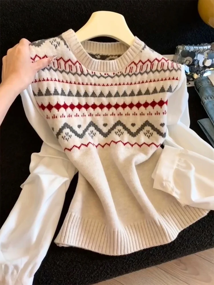 

Корейский мягкий вязаный свитер в стиле пэчворк, весна 2026, новинка, большие размеры, универсальный, омолаживающий женский топ