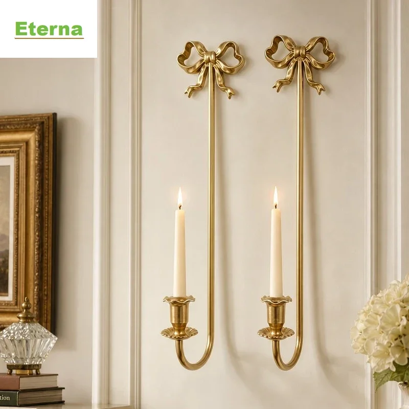 Set of 2 Vintage Metal Candle Holders, Gold Bowknot Embossed Wall Sconces, Wall Mounted Hanging Candle Stick for Home Decor