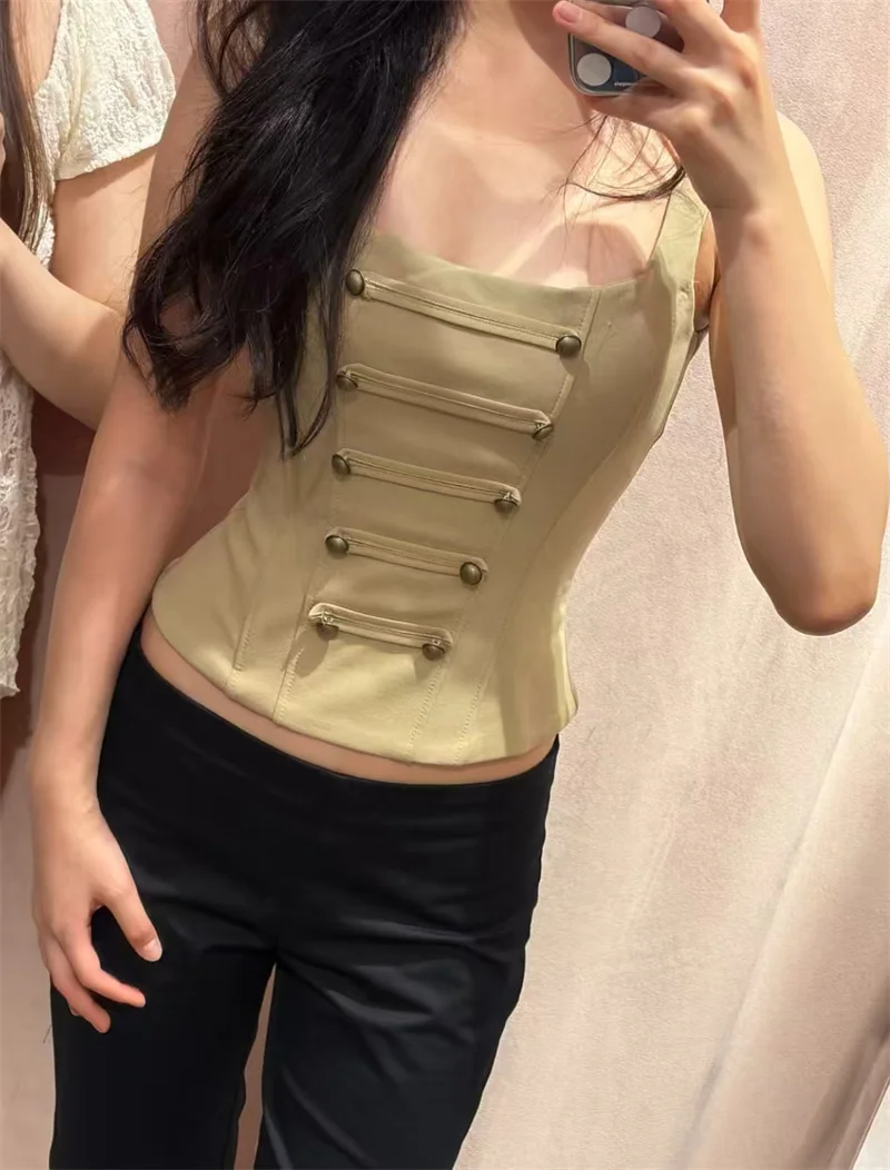 Guobioziy Women's Top 2026 Summer New Solid Color Camisole with Cuff Decoration Slim Fit Top Beach Vacation Sexy Fashion