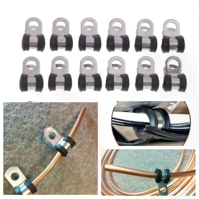 Rubber Lined 12Pcs R Clips Hose Pipe Clamp Set 1/4 5/16 3/8 1/2 5/8 3/4 Antivibration for Industrial Home Cable Arrangement
