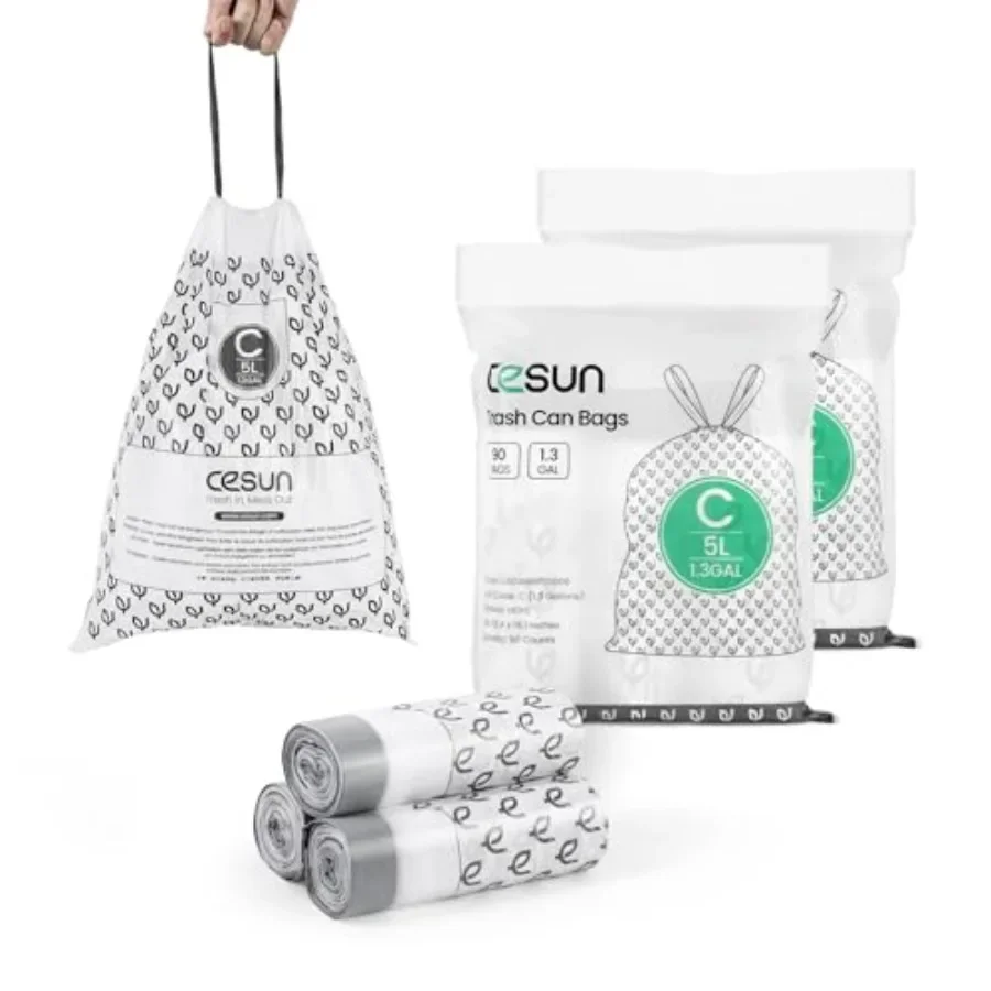 Bolsas de basura con cordón Code C, 90 unidades, precortadas, 1,3 galones, 5 litros, revestimientos para botes de basura pequeños, color blanco, ideales para baño compacto y Ki