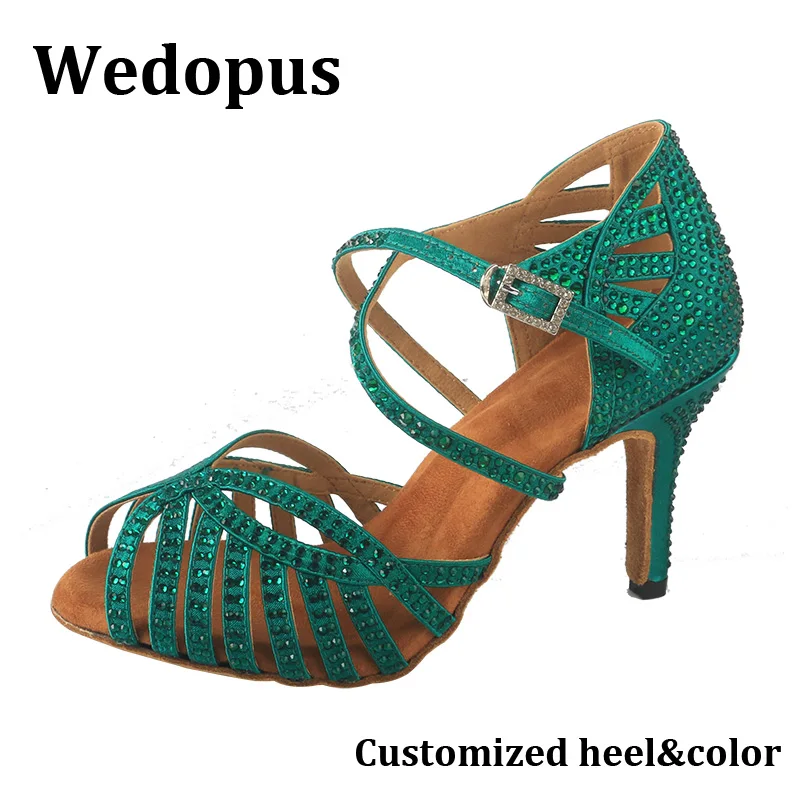 

Wedopus Latin Dance Heels Diamante 8.5CM Dark Green Dance Shoes for Woman Salsa Diamond Dance Sandals
