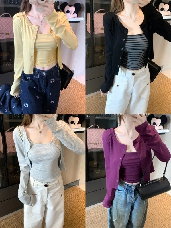 Color Block Stripe Crop Top And Cardigan Set for Trendy Girls Short Sleeveless Korean Style Fashionable Autumn Outfit