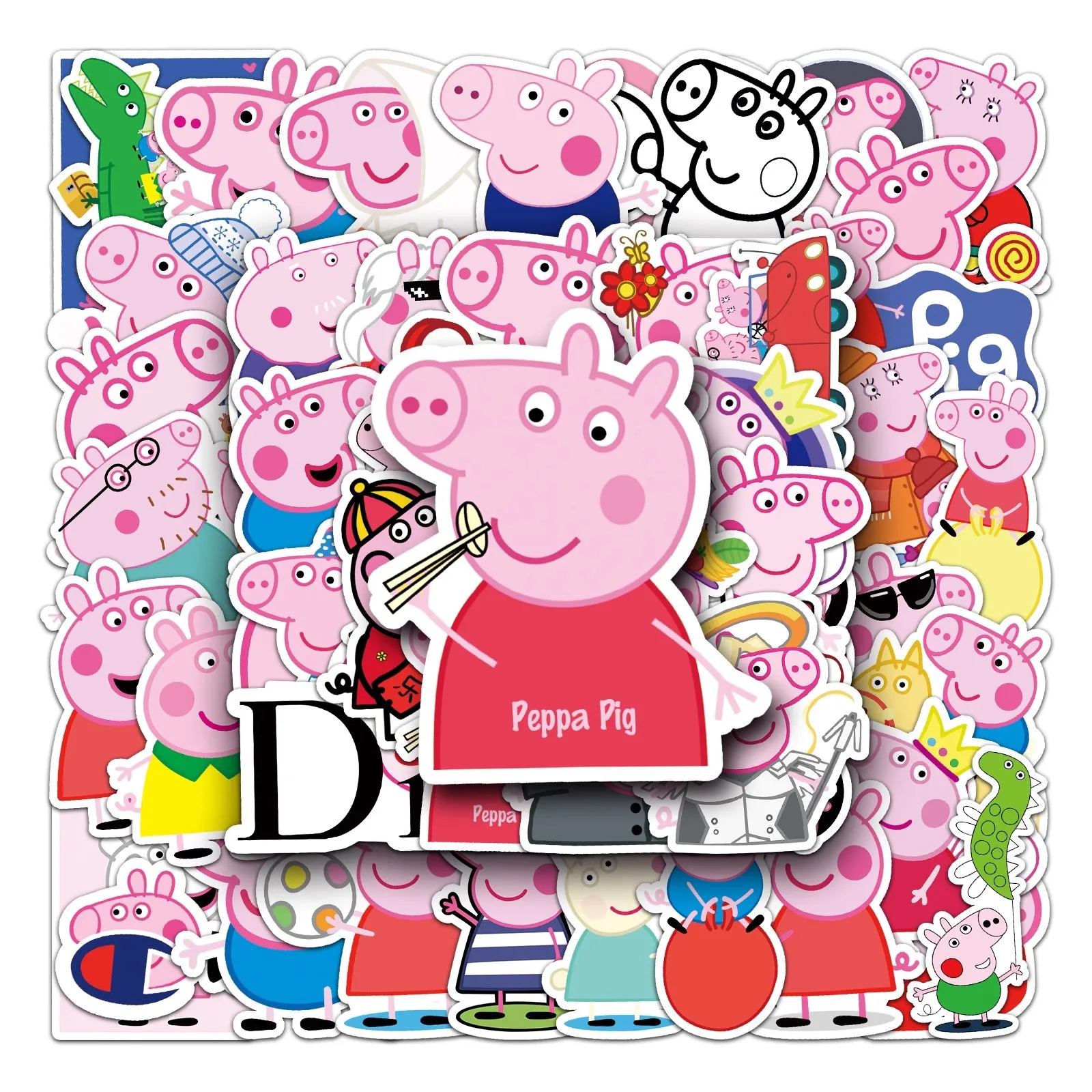 52pcs Peppa Pig Sticker Children's Cartoon Doodle Sticker Pen Box Water Bottle Refrigerator Bag Wall Decoration Gifts