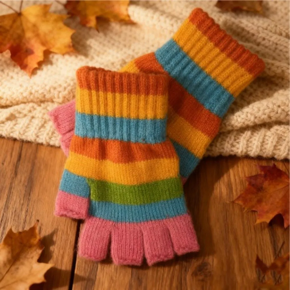 

Пара перчаток в радужную полоску с сенсорным экраном, теплые вязаные перчатки в полоску, эластичные утолщенные перчатки с половиной пальца, зимний сезон
