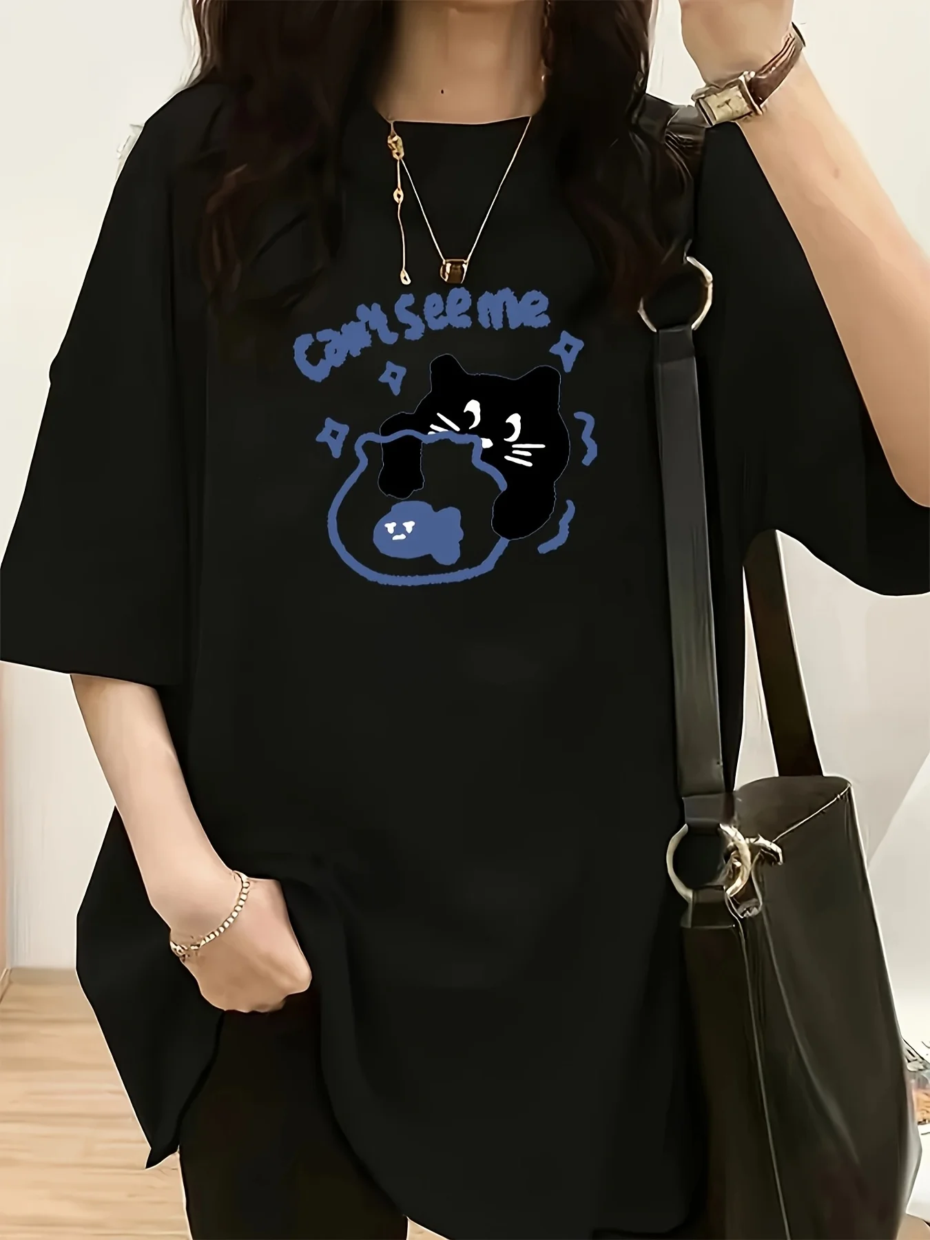 

Женская футболка с коротким рукавом в японском корейском стиле, повседневный топ с круглым вырезом и милыми кошачьими звездами, геометрический принт