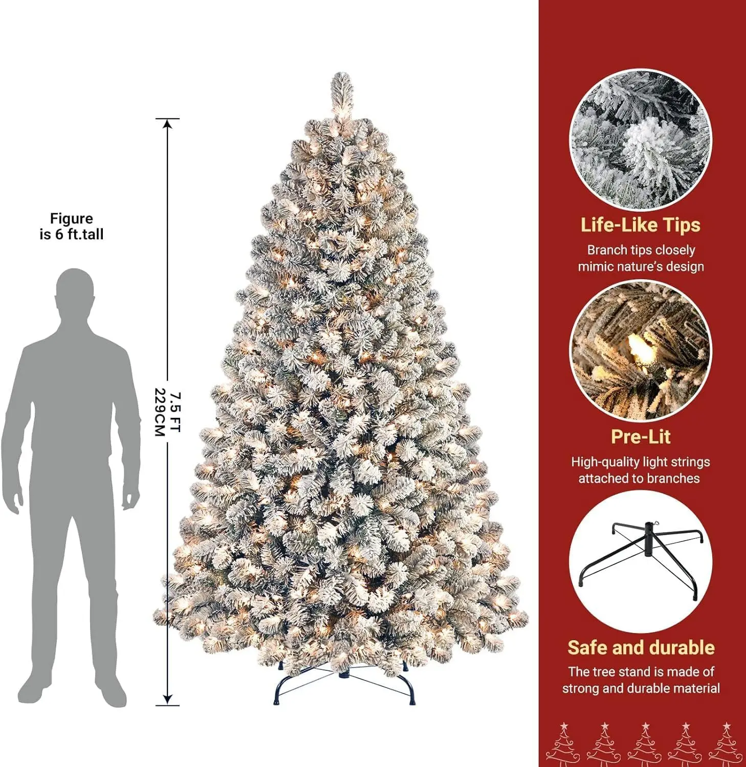 7.5ft Prelit Snow Flocked Artificial Holiday Christmas Tree with 350 Warm White Lights, Foldable Stand, Full Snow Branch