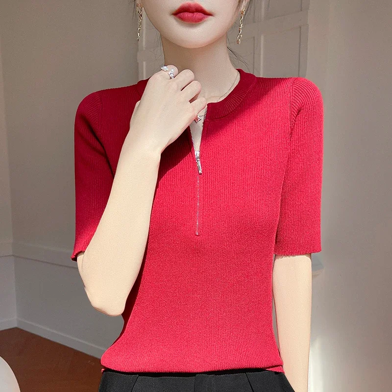 Women'S Fashion Quarter Zip - 여성용 레드 하프 지퍼 니트 티셔츠