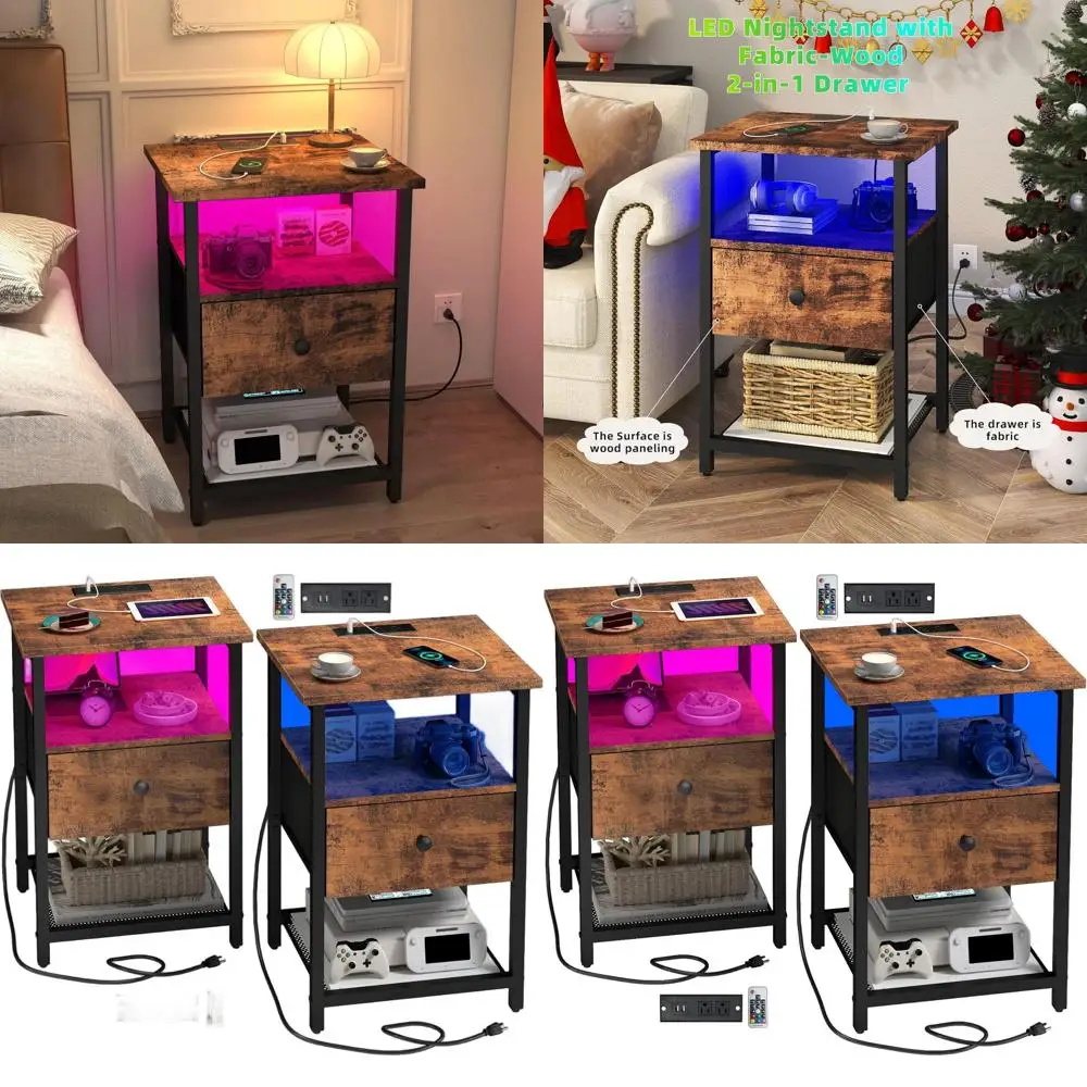 

Pair of LED Nightstands with Charging & USB Ports, Vintage-Style Side Tables for Bedrooms and Living Rooms