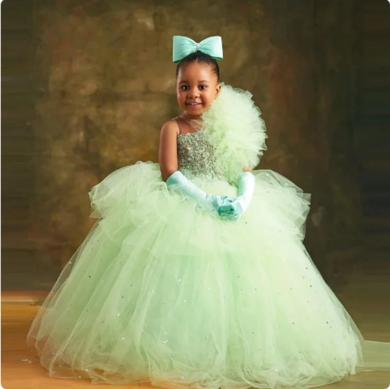 

Luxury Beaded Lace Flower Girls Dresses Puffy Ruffles Pleated Tulle Dress Kids Fluffy Party Dress Birthday Gown