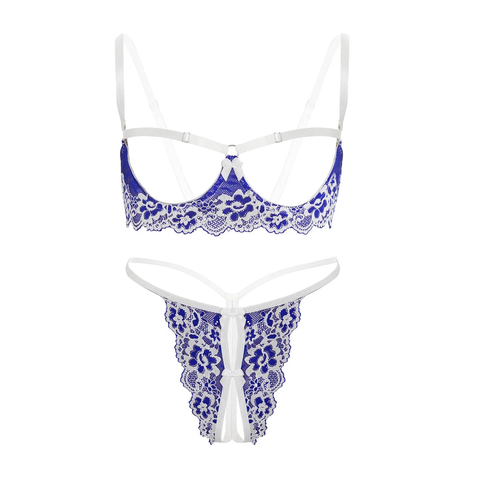 

Women See Through Lace Bikini Lingerie Opening Cup Underwire Bra Top with T-back G-string Thong Spicy Underwear for Dating Night