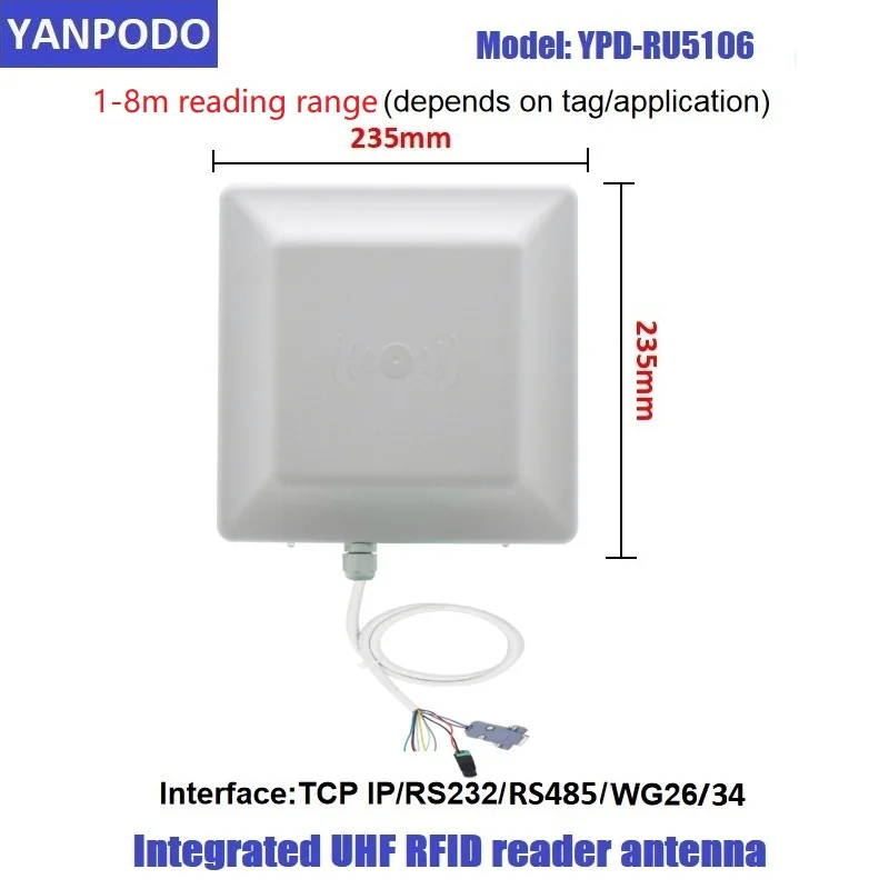 Yanpodo long range 1-8m UHF RFID integrated reader WG26/34 RS232 EPC GEN2 build in 7dbi antenna used for parking access control