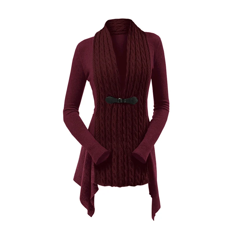 

Women's Red Cardigans Tops Cable Knit Asymmetrical Cardigan Plain Color Buckle Long Sleeve Cardigan Sweaters