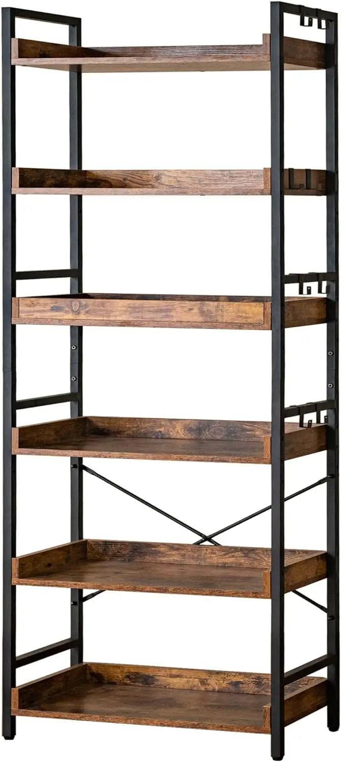 Adjustable 6 Tier Open Bookcase, Rustic Farmhouse Book Shelves, Industrial Wood and Black Metal Bookshelves, Mid Century