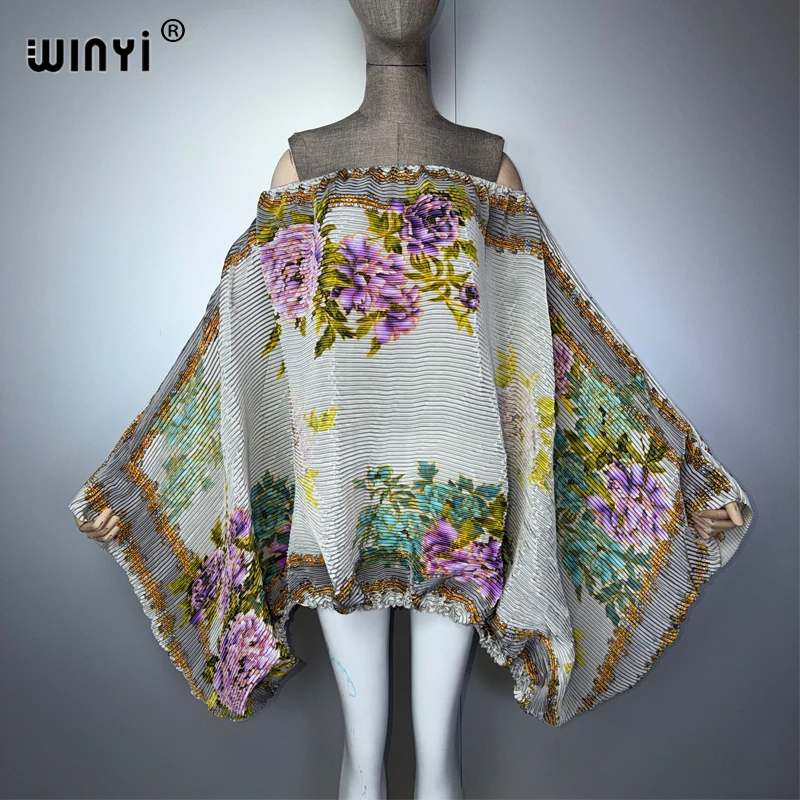 WINYI Women's Pleated Maxi Party Dress Irregular Crumple Design Loose Fit Sexy Evening Gown Poncho Top Robe
