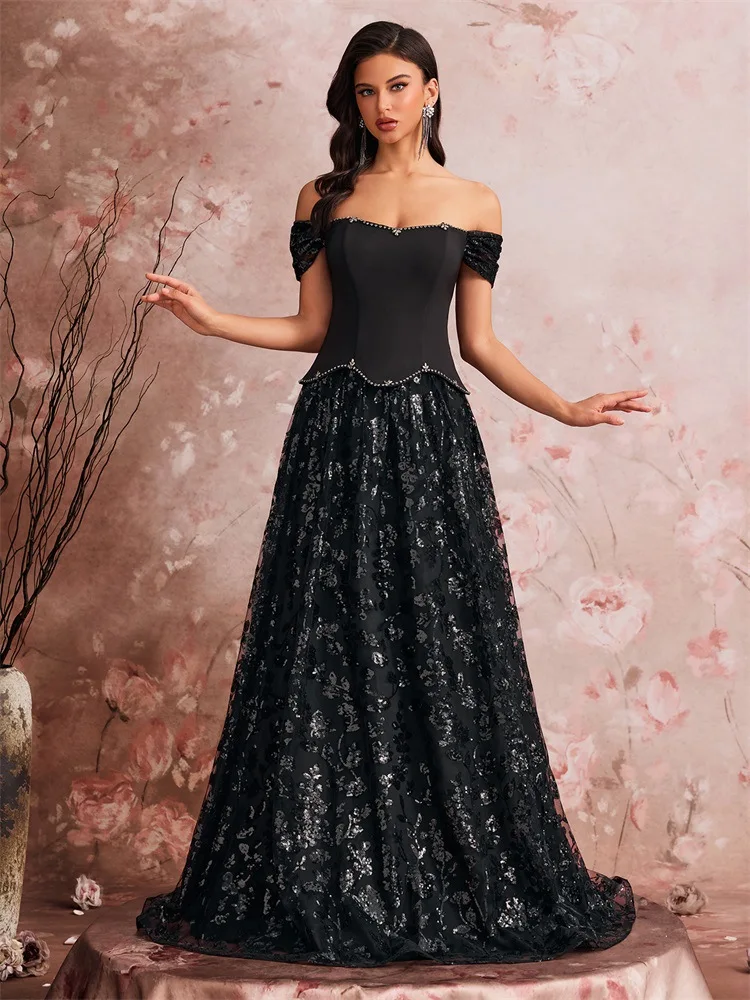 Middle East European and American Elegant Evening Dress Gorgeous Temperament Cocktail Party Fake Two Sequin Stitching Dress