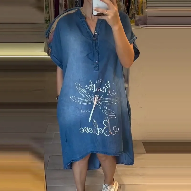 Lässige blaue Hemdkleider für Damen, kurzärmelig, Libellen-Druck, Knopfkleid, 2025, Frühling, Sommer, lose Kleider, weiblicher Bürorock