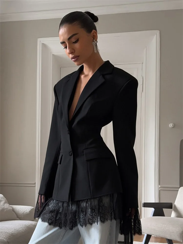 Spring Lace Patchwork Blazers Coat For Women Lapel Commute High Waist Long Sleeve Printed Streetwear Female Suit Outwear view 5