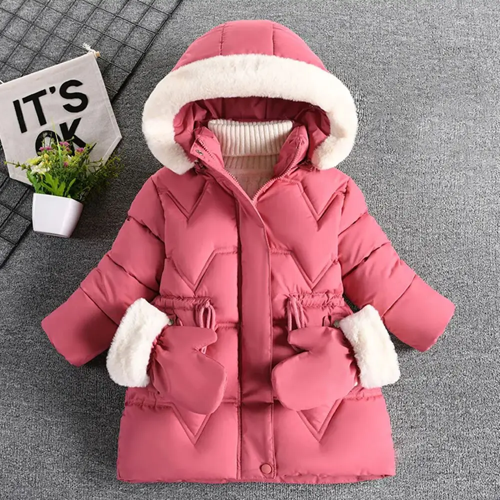 

Children autumn Winter Warm cotton Jacket Plush Lining Hooded clothing Kids Coat Outerwear + Gloves toddler girl clothes parka