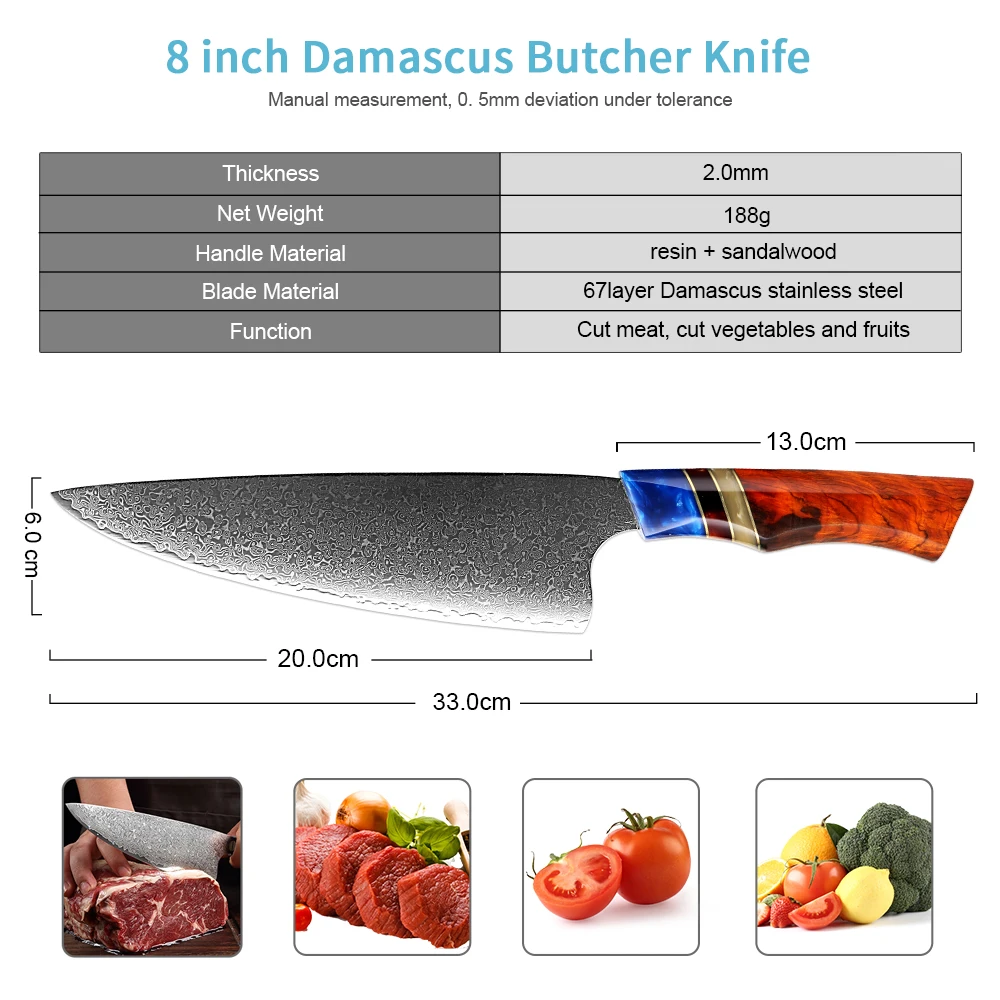 Profession Chef Knife 8 Inch Damascus Steel Super sharp Meat Cleaver Japanese Santoku Knife Kitchen Cooking Knives Best Choice