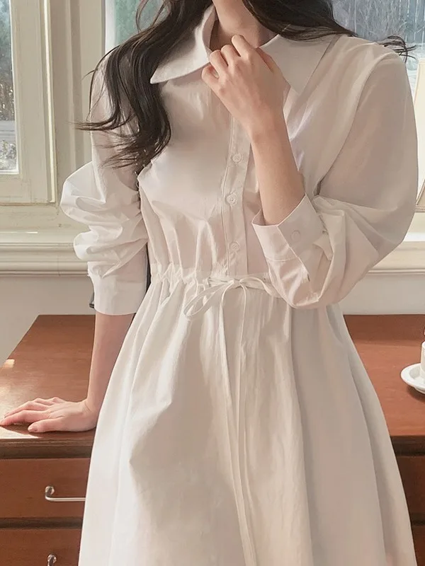 تنورة أنيقة بيضاء irt Dr للسيدات برباط الخصر للتنحيف على شكل حرف a للتنقل الكوري Sle طويل Sve ألياف البوليستر