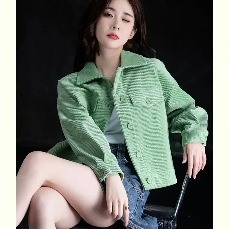 Spring and Autumn Seasons New Style Versatile Corduroy Shirt Women's Design Feeling Small and Unique Short Coat Women's Top