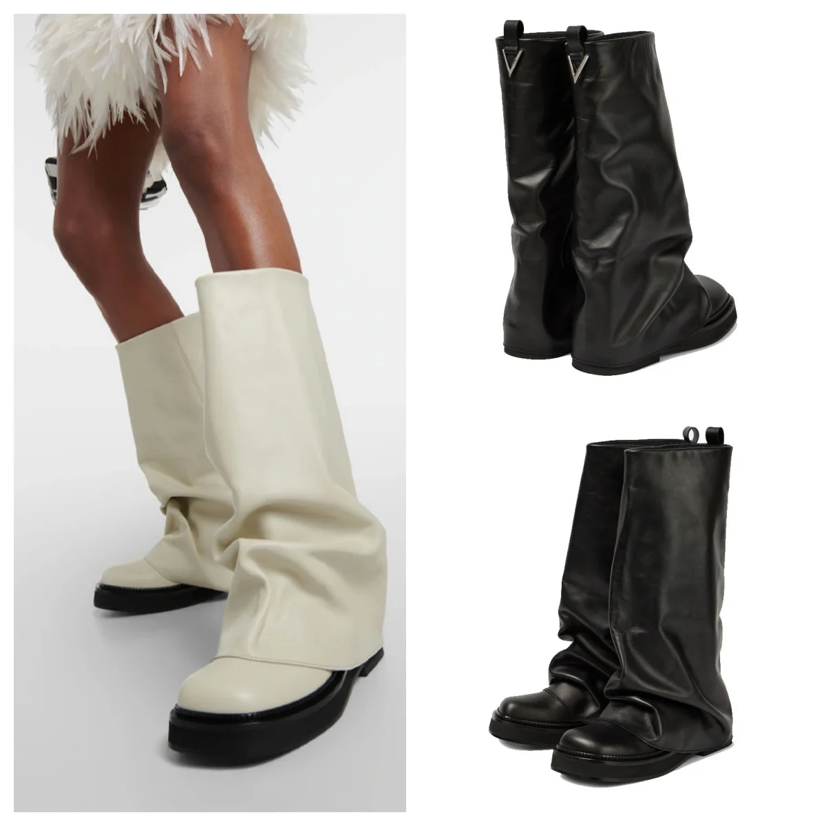 

European AndAmerican Women's Spring and Autumn Large Round Toelong Leather Knight Boots Flat Bottomed Sleeve Pleated Skirt Boots