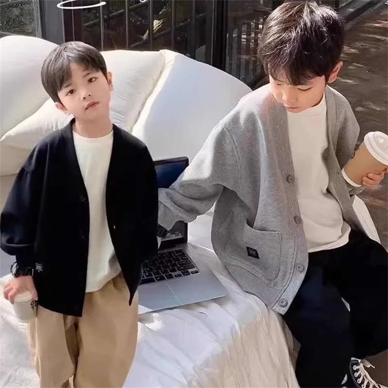 Boys Spring Autumn Coats Children Warm Long Sleeves Outerwear Kids Trend Solid Single Breasted Cardigan Jacket 4-12 Years Old