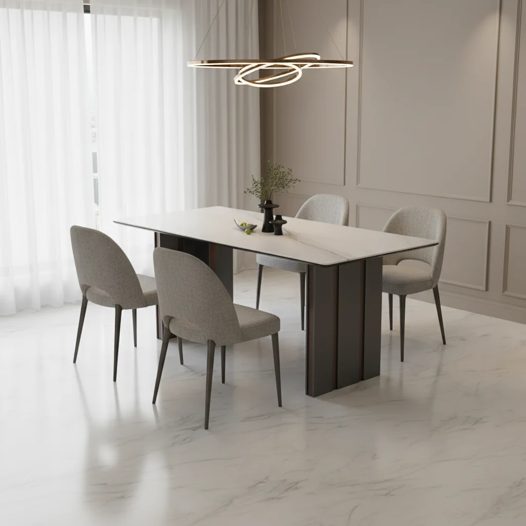 # Italian Luxury Square Marble Dining Table With Modern Metal Legs And 6-Seater Chairs For Family Apartments