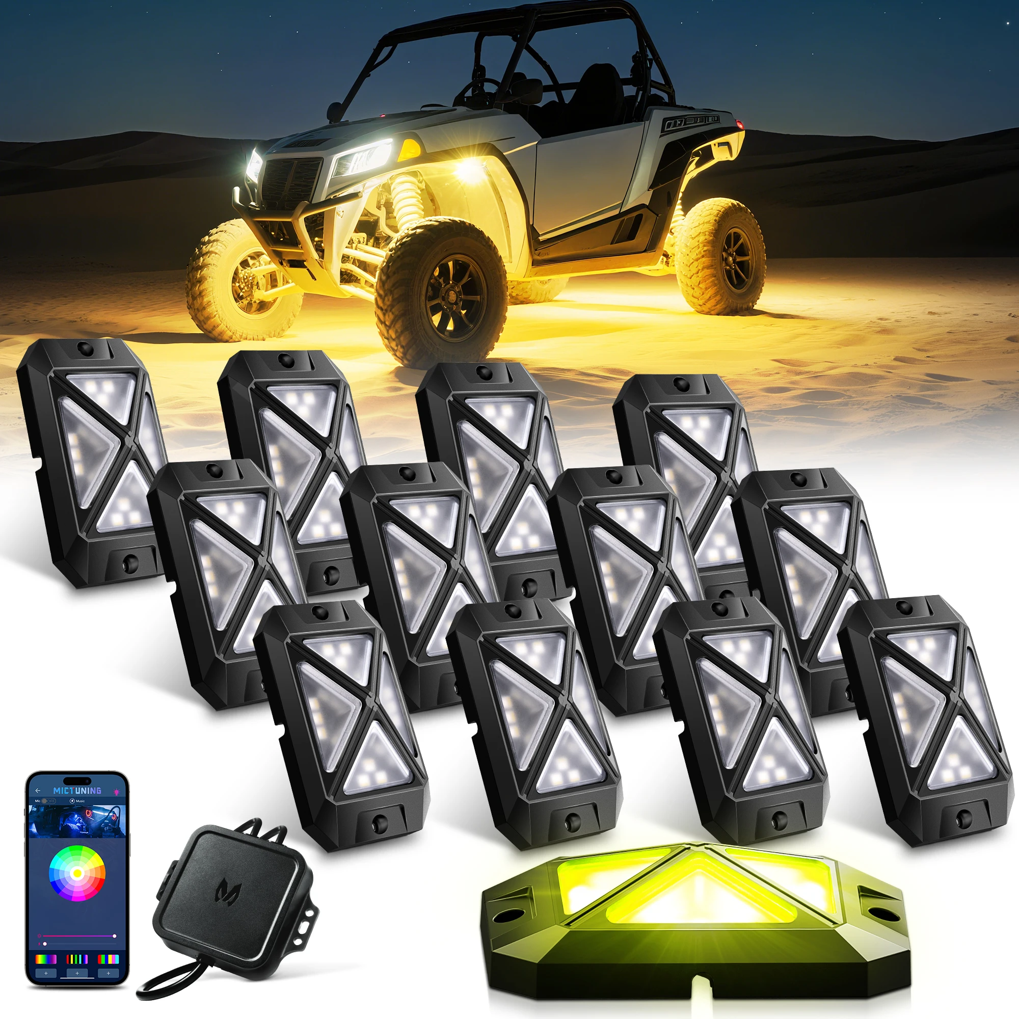 2026 MICTUNING 12-PCS Multicoloured Aluminium Chassis Lighting, Smartphone, Controlled RGBW LED Rock Lights with Dynamic Music