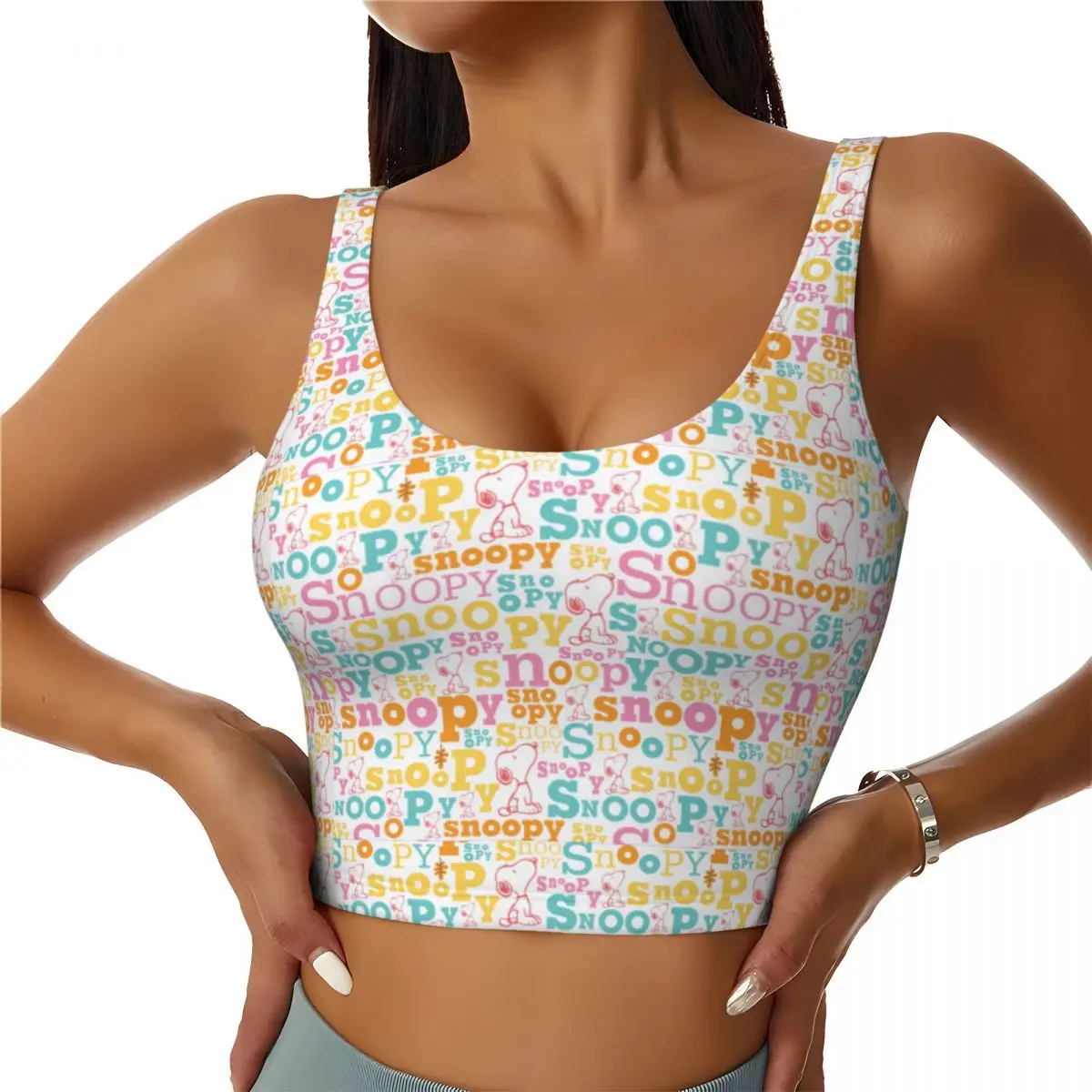 Custom Snoopy Pastel Text Pattern Workout Crop Tank Tops for Women Dog Running Sports Bras