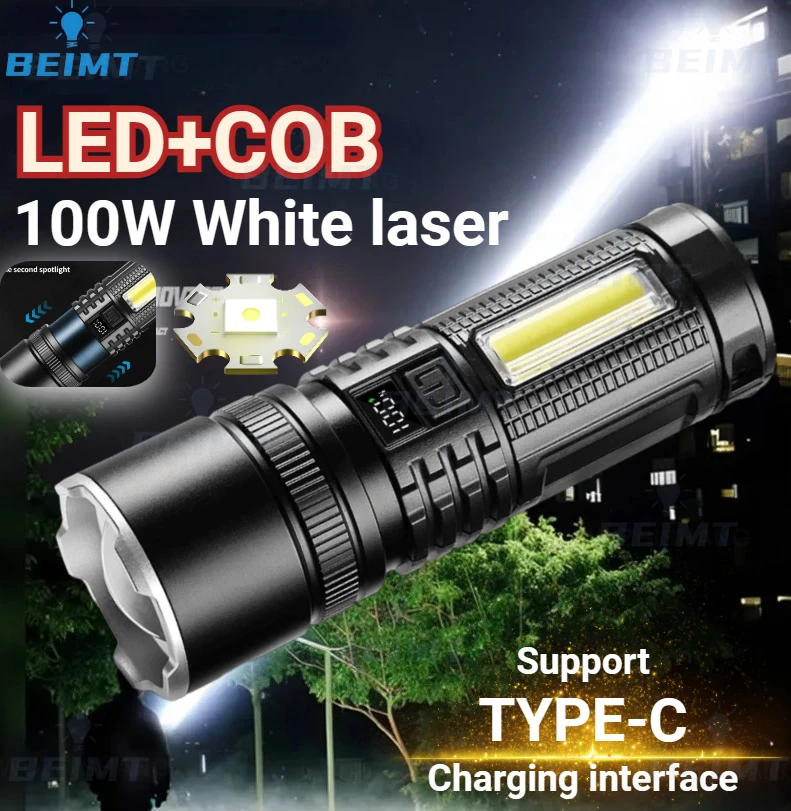 

LED+COB Multifunctional Strong Light Flashlight Digital Display USB Outdoor Fishing Camping Charging Torch Telescopic Zoom Light