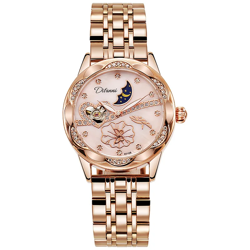 Fashion Style Automatic Mechanical Watches Women Butterfly Spinning Moon Phase Luminous Rose Gold Waterproof Ladies Watch