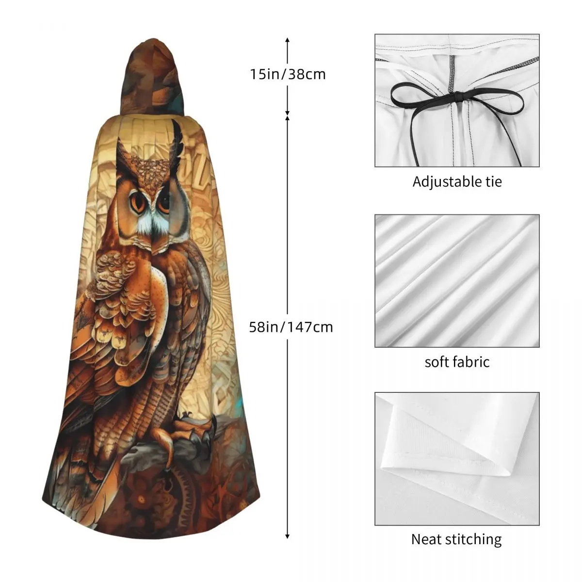 올빼미 신념 프린트 롱 후드 망토 마녀 중세 의상 코스프레 케이프 할로윈 코트 성인 유니섹스