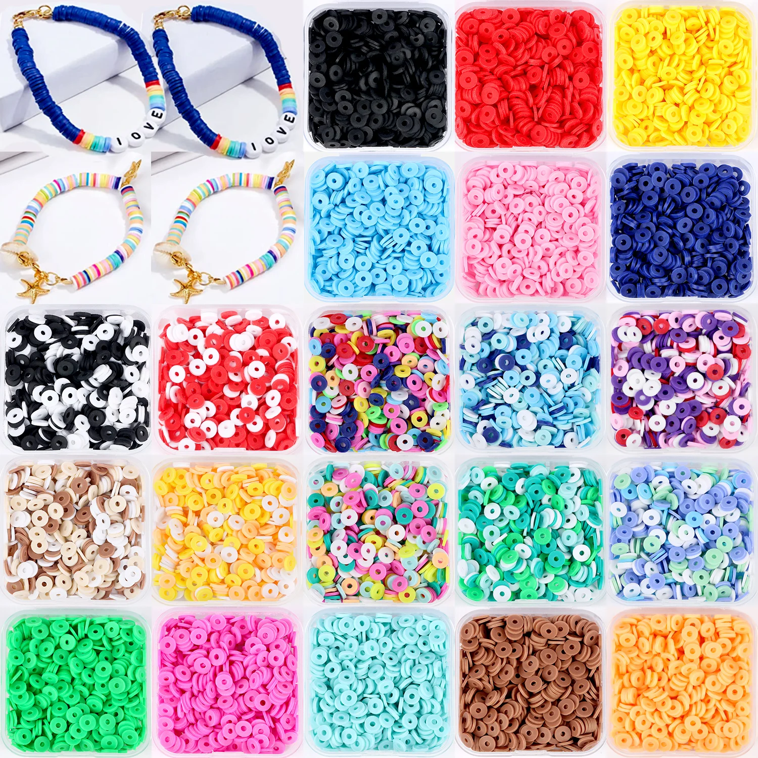 500pcs/Box 34 Styles Polymer Clay Spacer Beads 6mm Mix Color Chip Disk Flat Round Beads For Jewelry Making Bracelets DIY