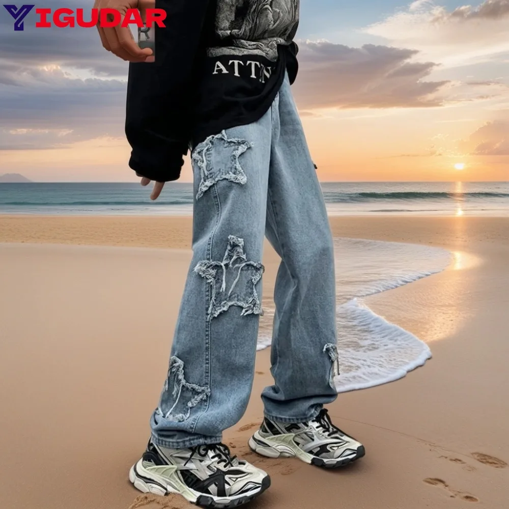 

2024 New Fashion Stars Towel Embroidery Blue Men Jeans Pants Clothes Straight Hip Hop Cotton Trousers Straight Leg Baggy Pants