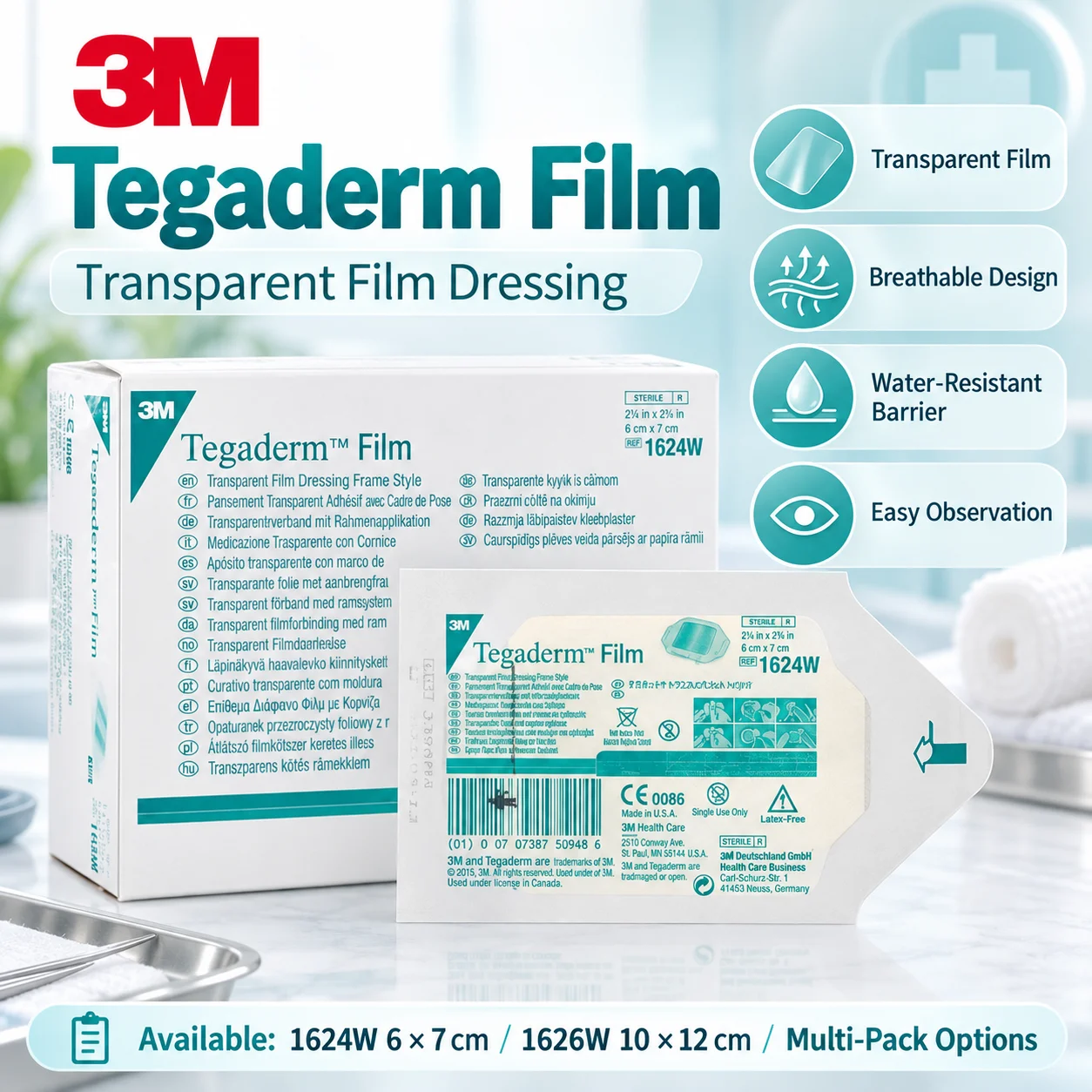 3M Tegaderm 1624W 1626W Transparent Film Dressing Breathable Water-Resistant for Wound Cover IV Catheter Fixation 6x7cm 10x12cm