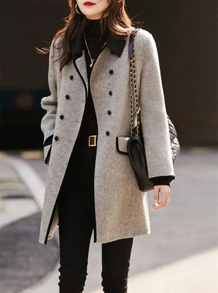 2025 Blends Coat Autumn Women Fall Winter Wool Jacket Vintage Long Outwear Korean Horn Button Elegant Mujer Thick Windbreaker