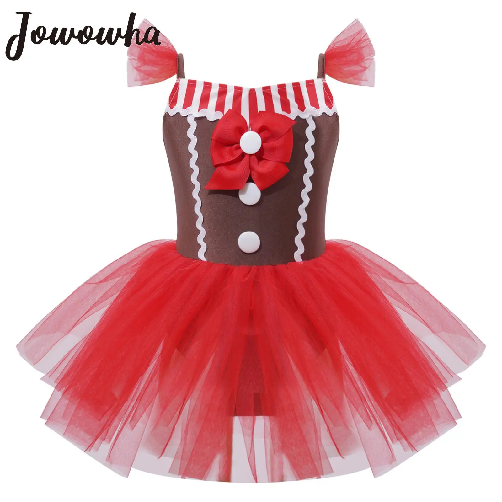 Girls Christmas Gingerbread Man Costume Xmas Holiday New Year Party Dress Up Sleeveless Mesh Ballet Dance Tutu Dress Leotard