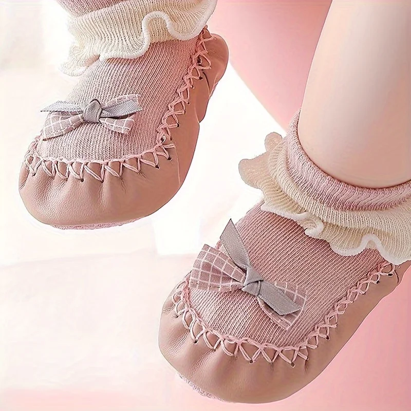 1Pair Cute Baby Toddler Socks - Soft, Non-slip, Lace, Bow Design, Soft Sole Floor Shoe Socks for Indoor and Everyday Wear