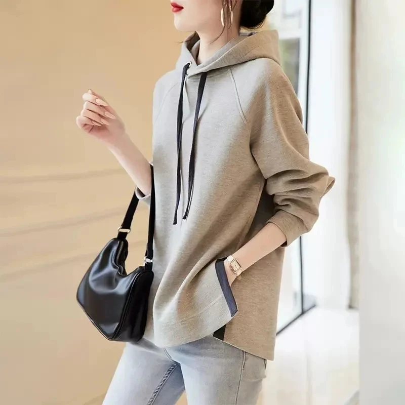 Cotton Hooded Sweatshirt Women Spring Autumn Large Size Solid Hoodies Pullovers Ladies Korean Split Sweatshirt Coat Fleece Tops