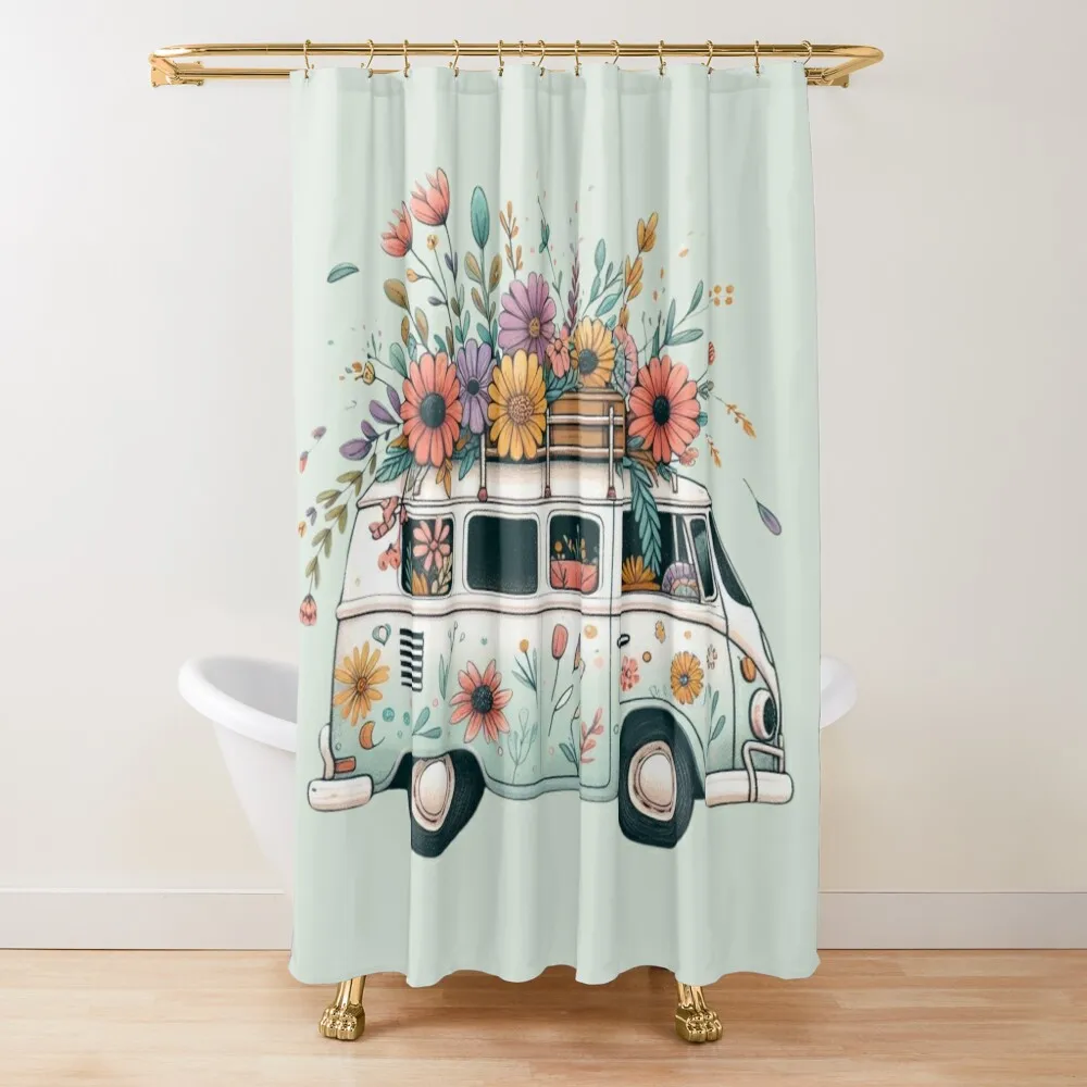 

Happy Hippie Bus with Colorful Flowers Shower Curtain Window Accessories For Shower And Services Bathroom Box Curtain